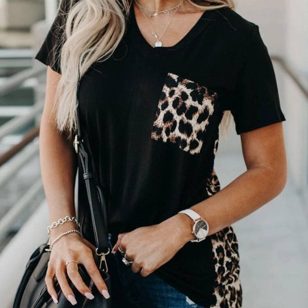 2 Tone, Leopard and Black, V-Neck Pocket T-shirt